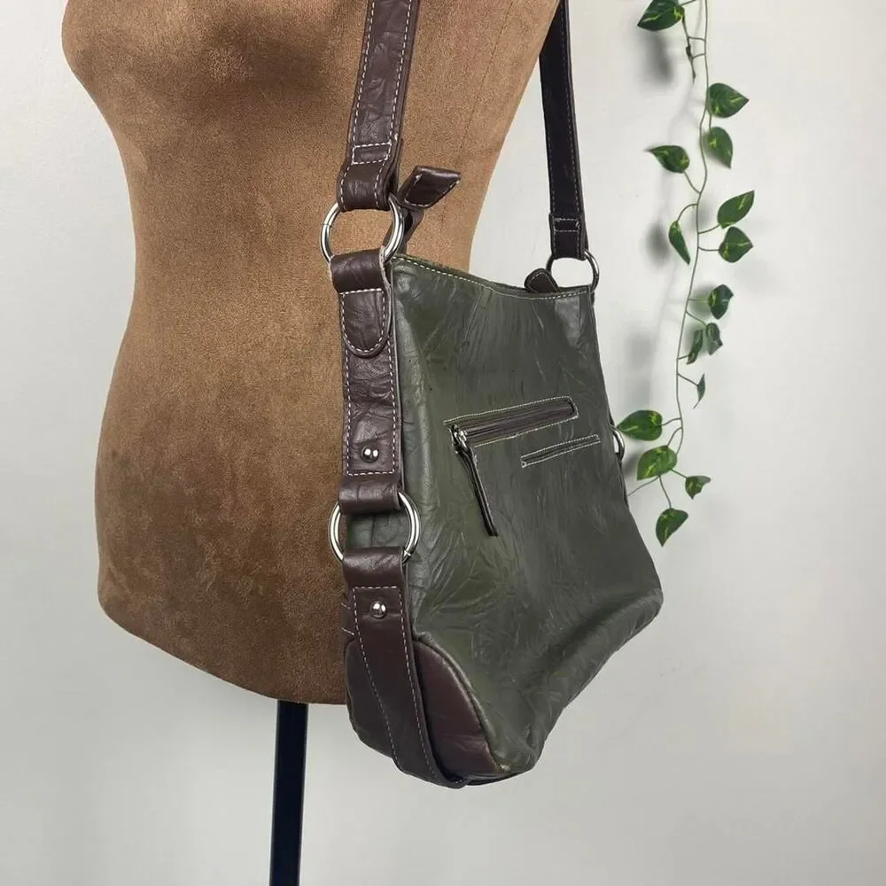 Stone Mountain Olive Green & Brown faux Leather Hobo Bag silver hardware